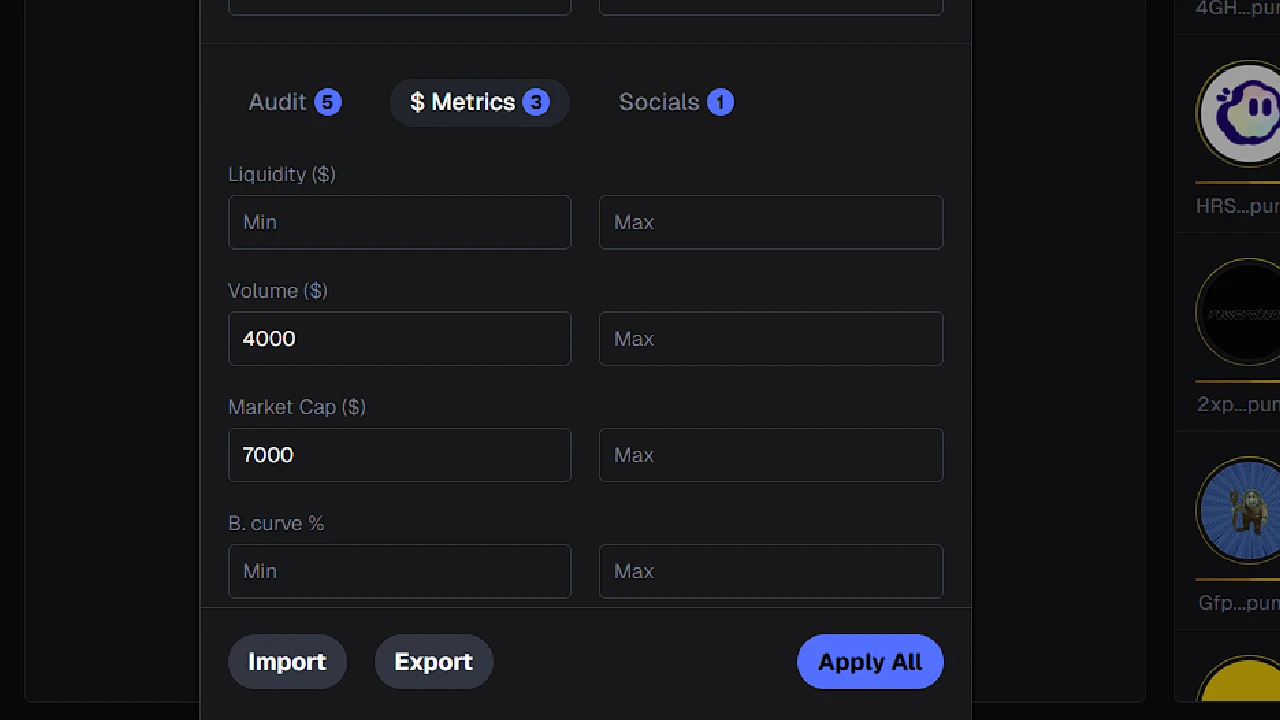 Metrics Section on Axiom Trade