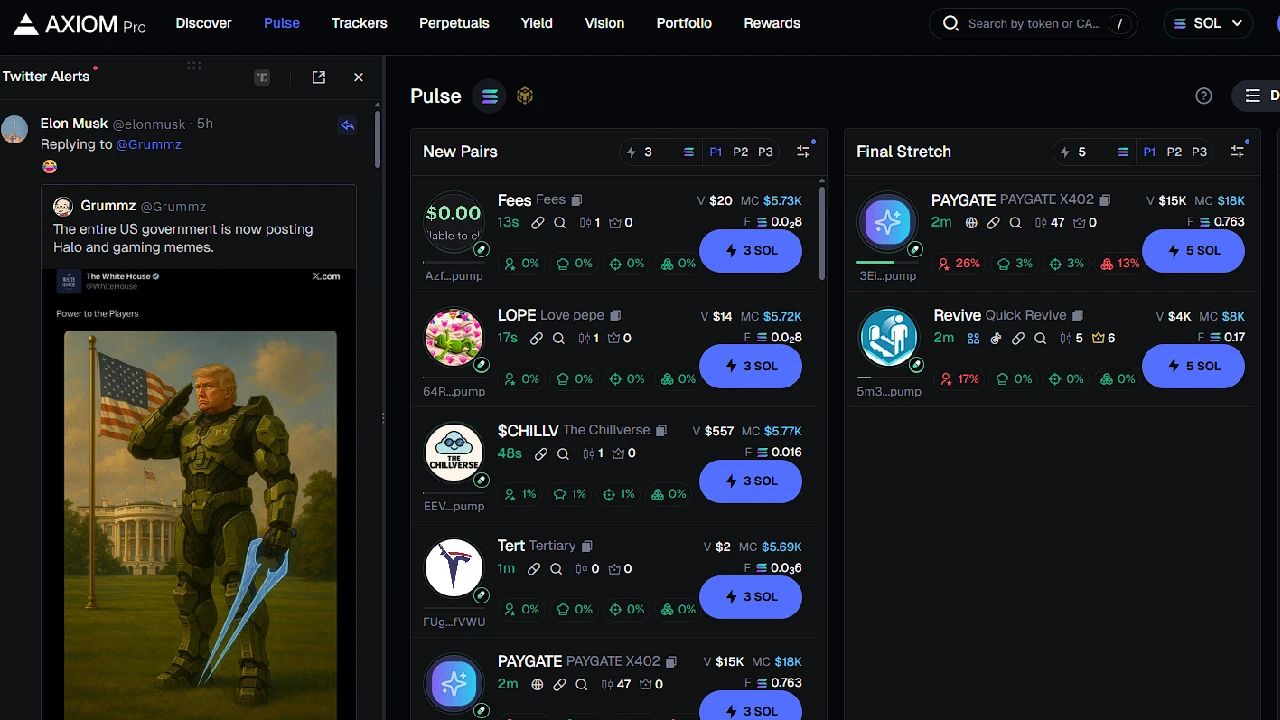 Twitter tracker on the left side Axiom Trade