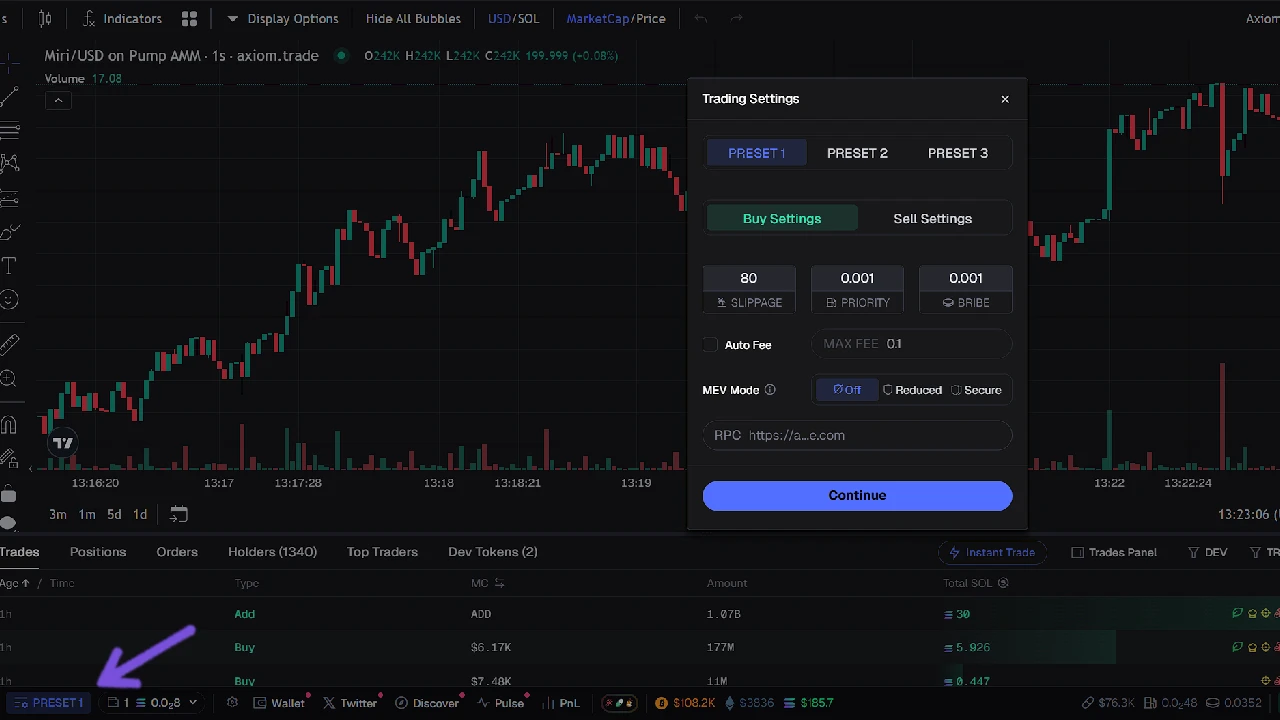 blue Preset icon on Axiom Trade