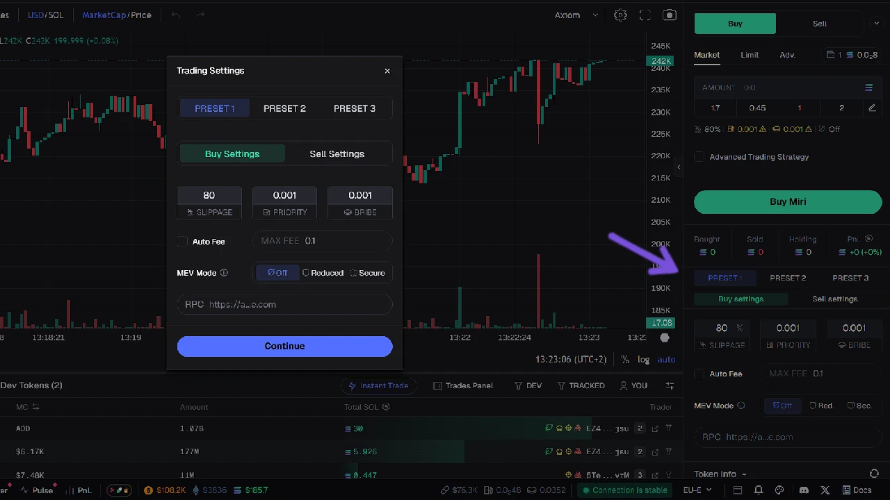 right side preset on Axiom Trade
